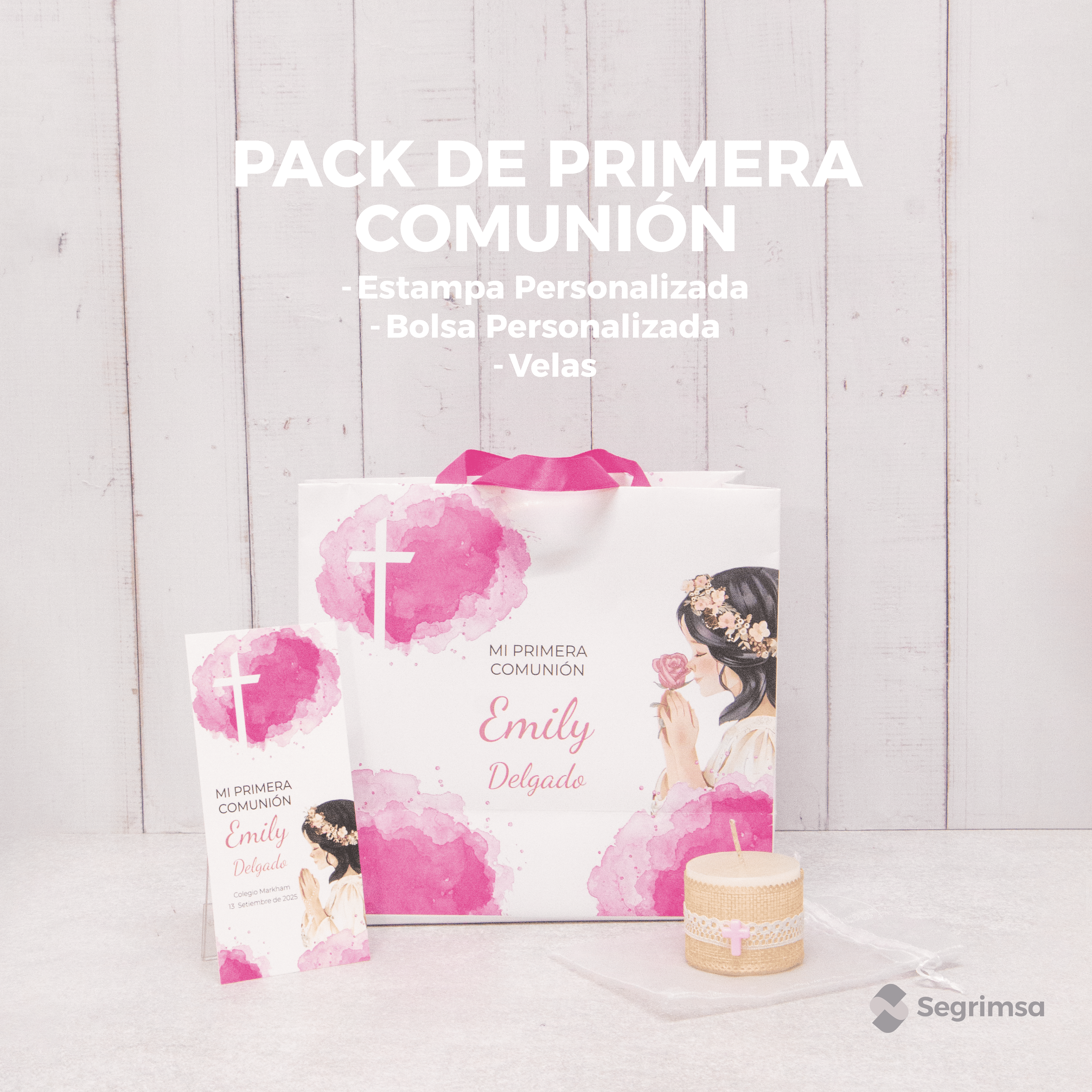 Pack Primera Comunión: Estampas + bolsa personalizada + velas