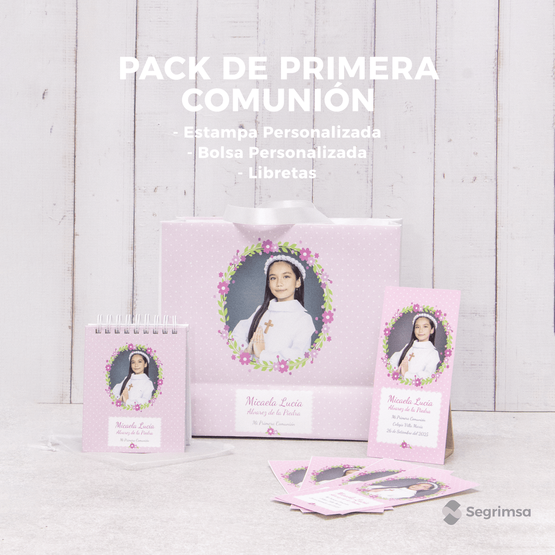 Pack Primera Comunión: Estampas + bolsa personalizada + libretas